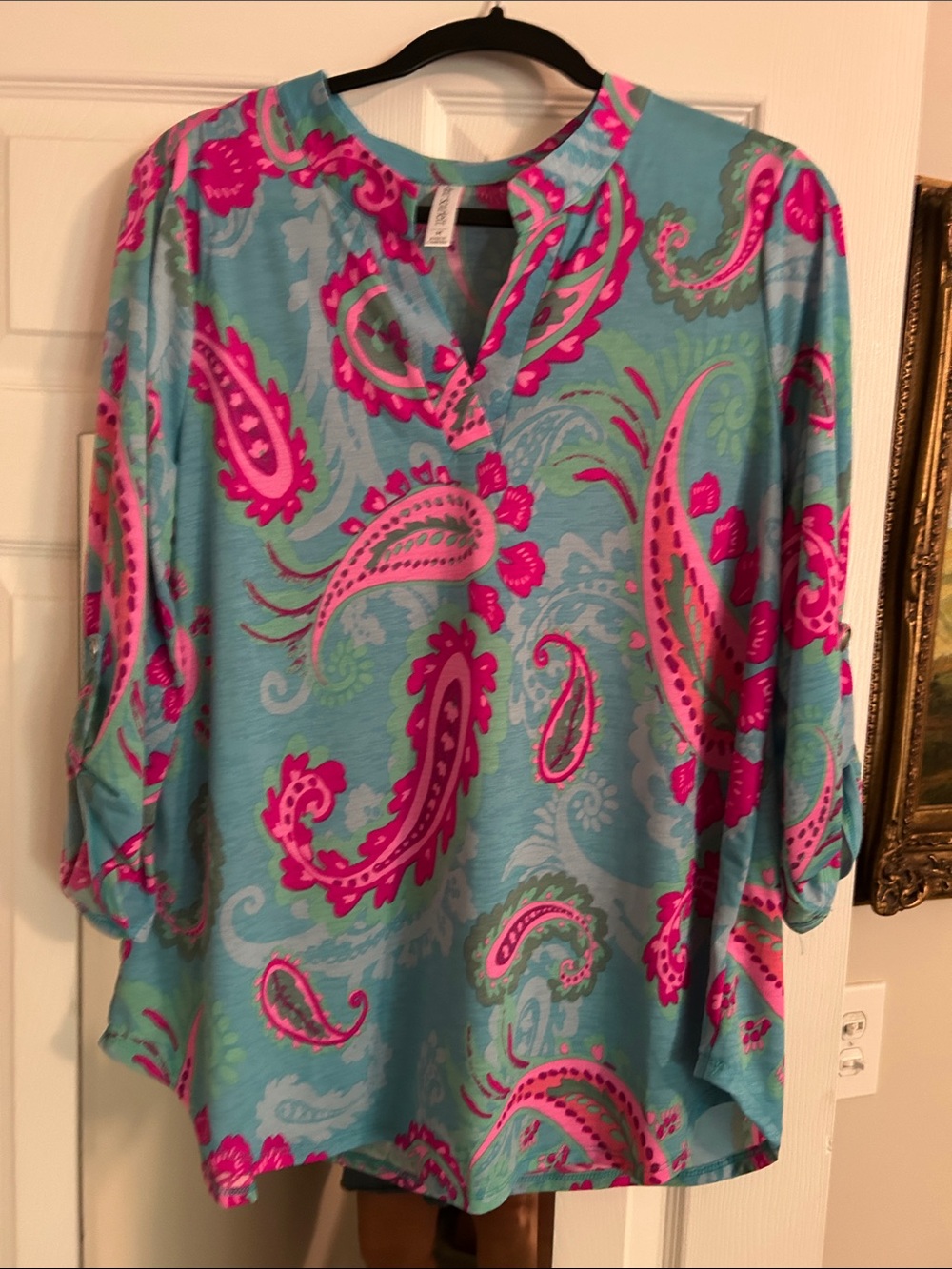 Relaxed Aqua Tunic Top with Hot Pink Paisley